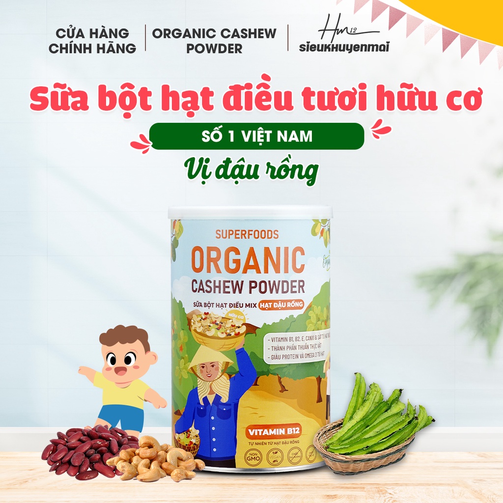 Bột Sữa Hạt Điều Hữu Cơ, Protein Thực Vật Thuần Chay Organic, Sữa Hạt Cho Người Ăn Chay Ăn Kiêng, hộp 300g Vị Đậu Rồng