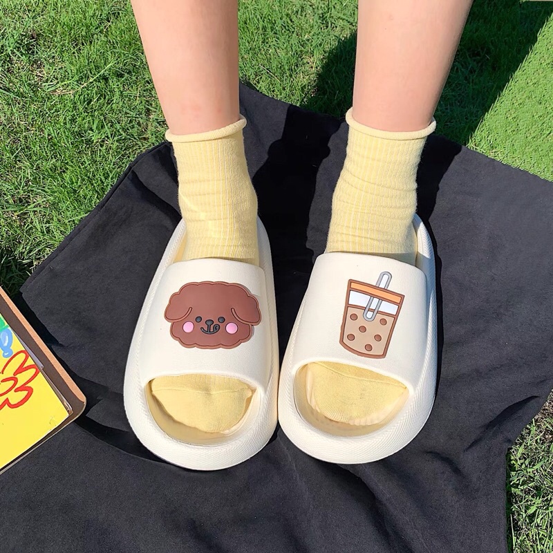 Dép bánh mì hoạt hình gấu và trà sữa dễ thương cho nữ  đế cao chống trơn trượt kèm ảnh thật