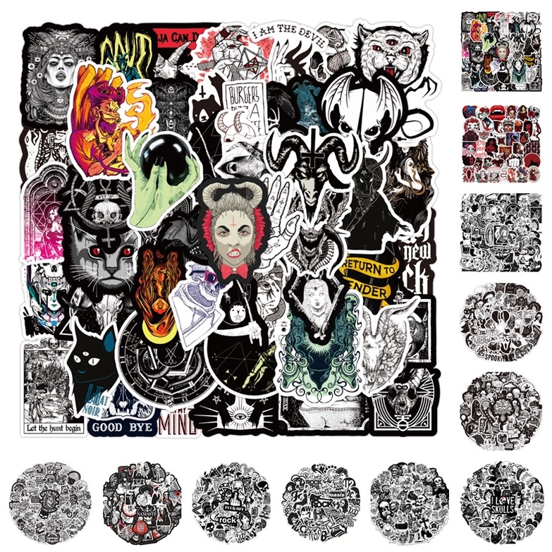 Set 100/50 Nhãn Dán Chống Nước Họa Tiết Đầu Lâu Phong Cách Gothic Trang Trí Đa Năng