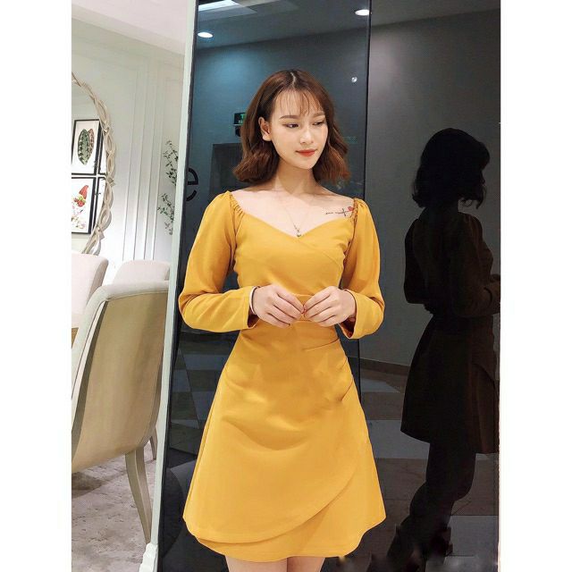 Đầm xoè đắp chéo tà xếp li eo tay phồng đầm dự tiệc đầm đi chơi dạo phố đẹp