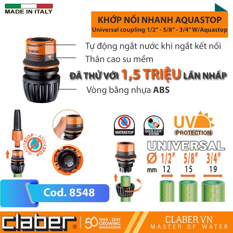 Khớp nối nhanh đa năng  Aquastop Claber 8548 kết nối 3 cỡ ống 12-14-19mm tự ngắt nước khi tháo vòi