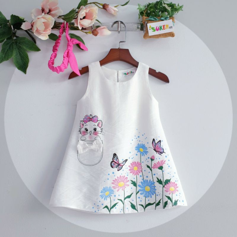 Đầm đũi xước in hoa bướm xuân cho bé từ 22kg đến 35kg