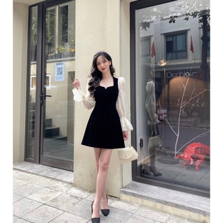 Đầm nhung đen nữ cổ U khoét phối tay voan dài bo chun dáng chữ A freesize Pumi