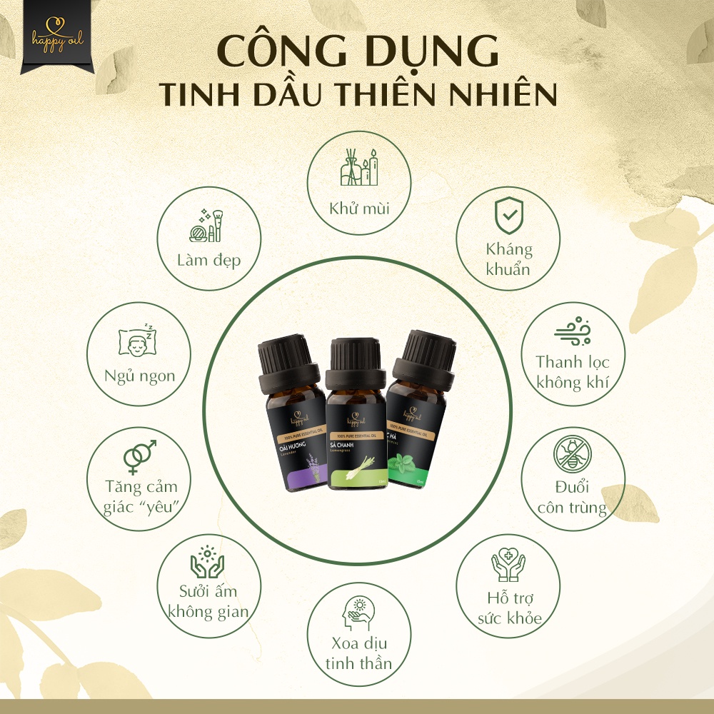 Tinh dầu xông phòng 100% thiên nhiên Happy Oil 10ml | Tự chọn mùi | giúp khử mùi, kháng khuẩn, ngủ ngon, đuổi côn trùng