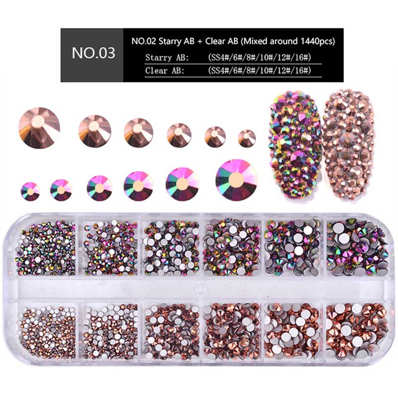 1440 Pcs/ Box 3D Rhinestones Nail Art Decoration/ Mixed Colors Nail Flat Diamond Stickers/ DIY Crystal Glitter Manicure Charms