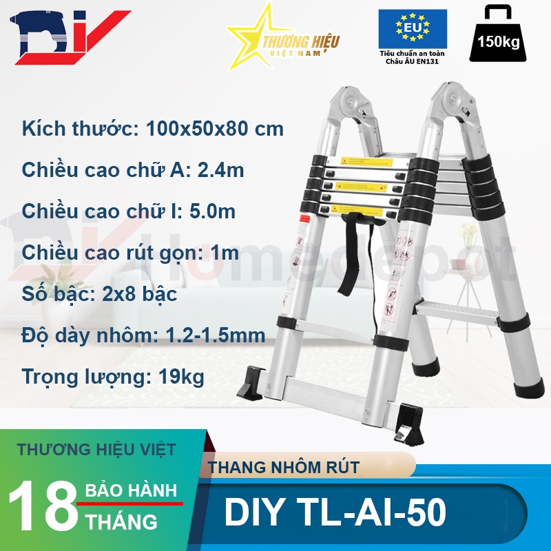 Thang nhôm rút đôi DIY TL-AI-50 chiều cao tối đa sử dụng chữ A 2.5m chữ I 5.0m, tải trọng 150kg