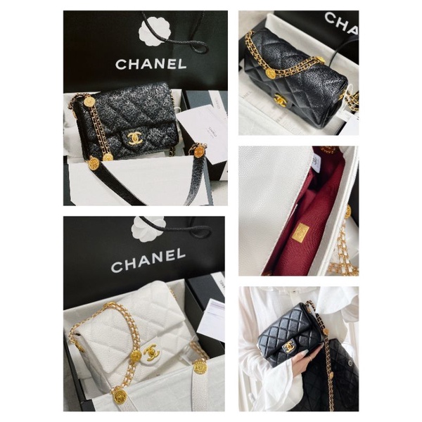 Túi đeo chéo nữ đẹp sz21cm da caviar quai gắn khuy 2 màu đen&amp;trắng fullbox nam châm đẹp dã man