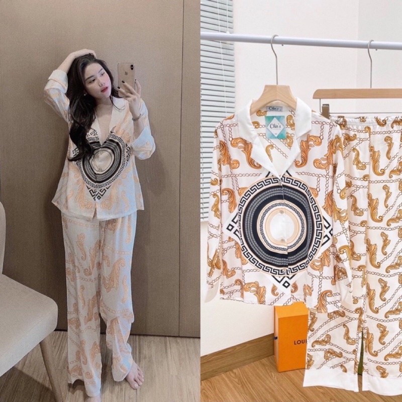 Bộ pijama mặc nhà chin's thiết kế nữ Bộ lụa manggo cộc dài tay dài Chin's, pizama vải lụa xước Sam Shara HT cao cấp