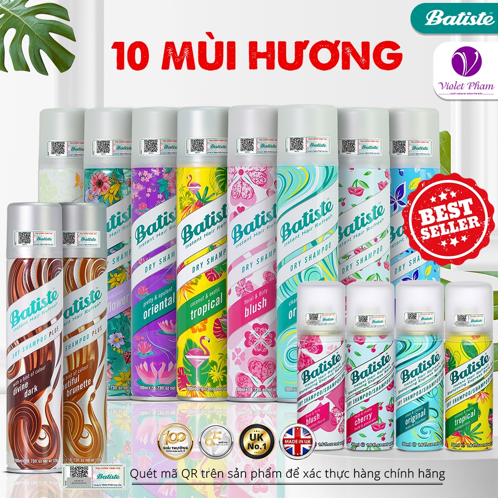 [10 MÙI HƯƠNG] Dầu Gội Khô Batiste Dry Shampoo 200ml Hết Ngứa, Hết Bết Dính Tóc Bồng Bềnh Tức Thì