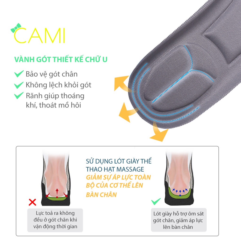 Lót giày thể thao sneaker thấm hủ mồ hôi, thoái khí, có hạt lồi giúp êm chân và massage lòng bạn chân - Cami - CMPK228