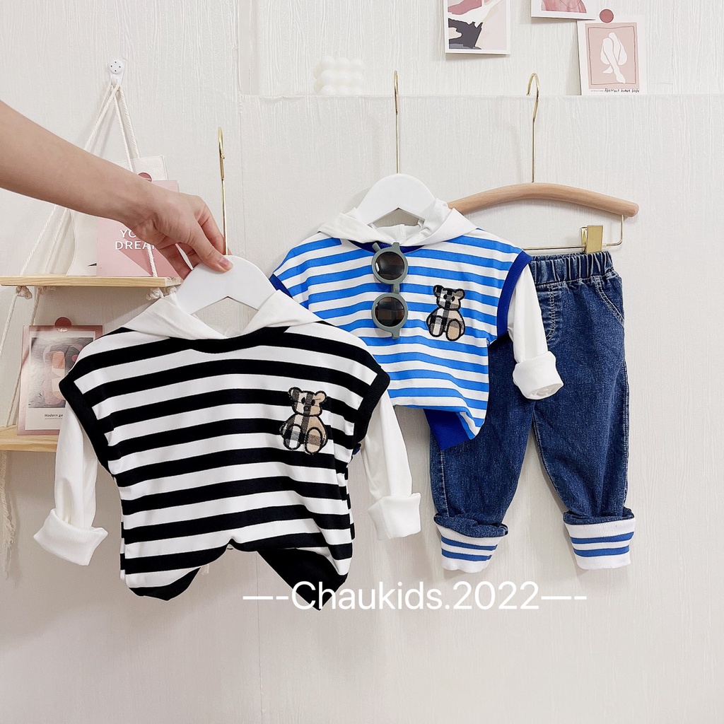 Bộ Quần Áo Thu Đông Cho Bé Trai Họa Tiết Sọc Kẻ Ngang Mũ Liền, Set Bộ Đồ Dài Tay Trẻ Em Phong Cách Hàn Quốc-CKTD25