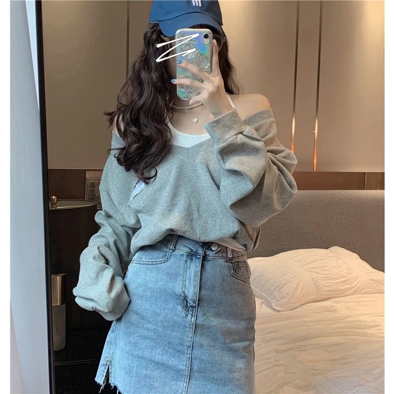 COZOK Set Áo Trễ Vai Dài Tay + Áo Khoác Ngoài Thời Trang Dành Cho Nữ