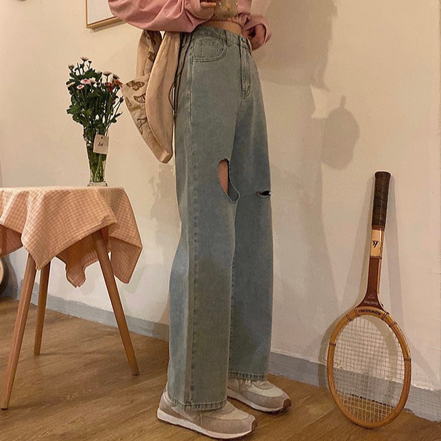 LEEVA - Quần jeans rách trái tim dáng dài cho nữ ống suông Q036