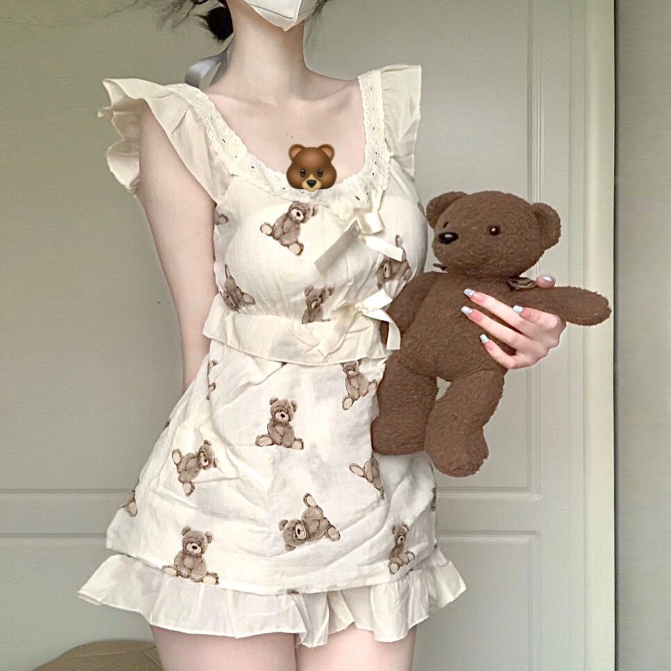 Bộ Đồ Ngủ Hai Dây Mềm Mại In Họa Tiết Gấu Nhật Bản Dễ Thương Thời Trang Mùa Hè Cho Nữ