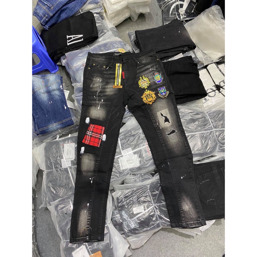Quần jean bò nam Amiri skinny đen phối rách xù vá vải nhăn sọc đen trắng boy phố QJ229P