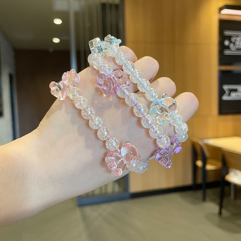 Dây thun buộc tóc xỏ hạt pha lê và mặt gấu hoạt hình dễ thương phong cách Hàn Quốc cho nữ