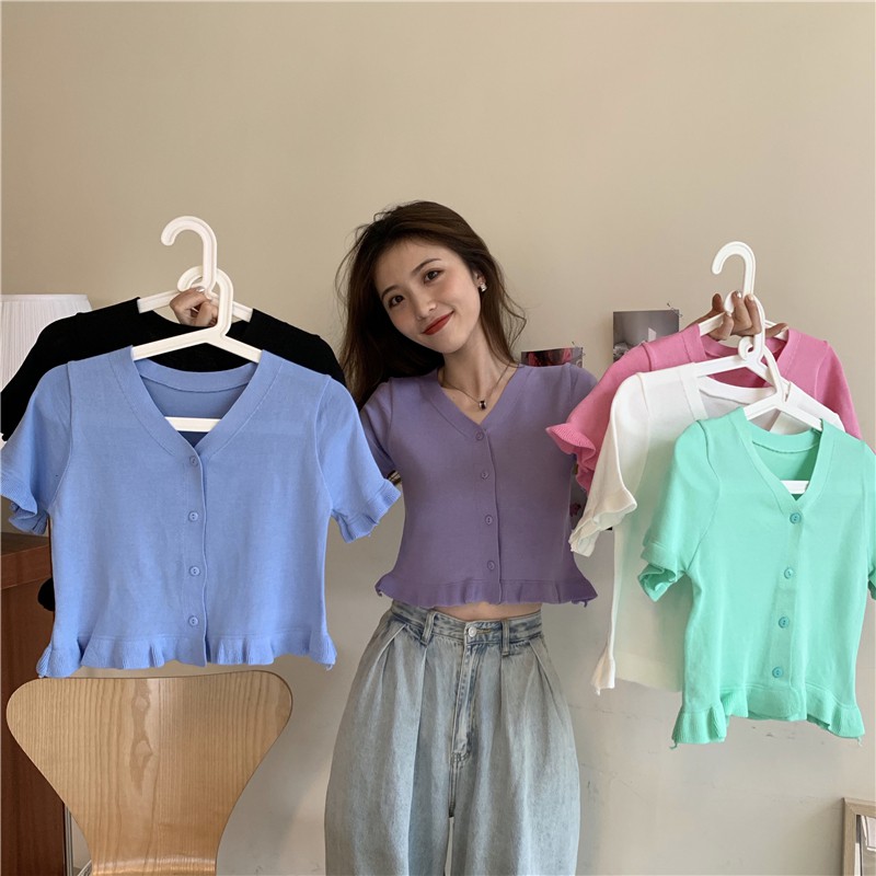 Áo Cardigan Ngắn Tay Cổ Chữ V Phối Ren Màu Trơn Dễ Phối Đồ | BigBuy360 - bigbuy360.vn