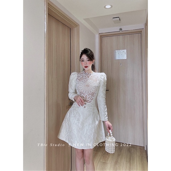 THUYBIESHOP | váy gấm đáp ren cao cấp