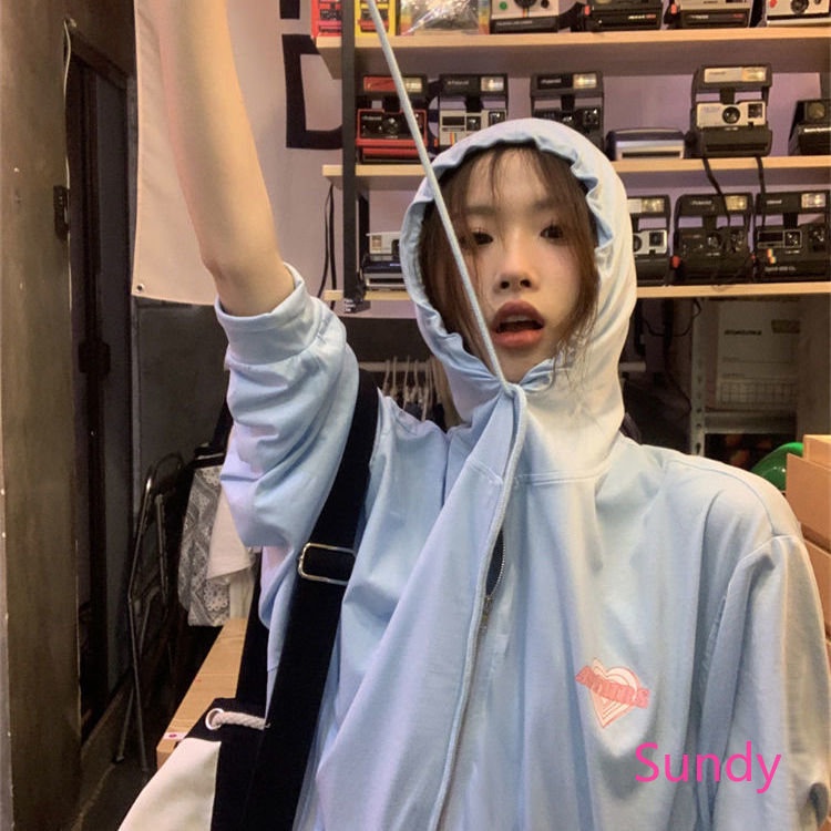 Áo Hoodie Tay Dài Dáng Rộng Có Khóa Kéo In Họa Tiết Thời Trang Mùa Thu Cho Nữ