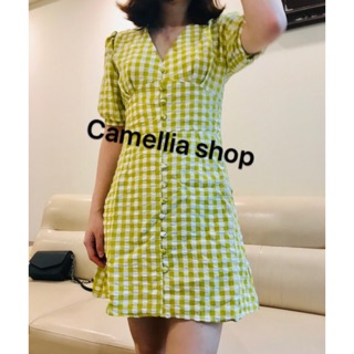 (Có sẵn) Váy vàng kẻ caro cổ V tay ngắn
