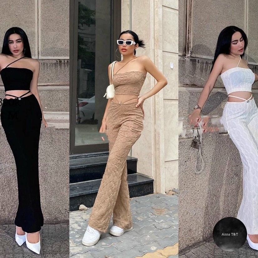 Set áo croptop dây chéo cúp ngực kèm quần ống rộng phối dây cho nàng đi chơi dạo phố