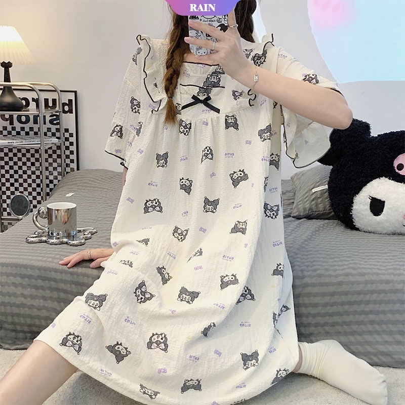 Đầm Ngủ Tay Ngắn Phối Bèo Dáng Rộng In Họa Tiết Hoạt Hình Sanrio Kuromi Đáng Yêu Cho Nữ
