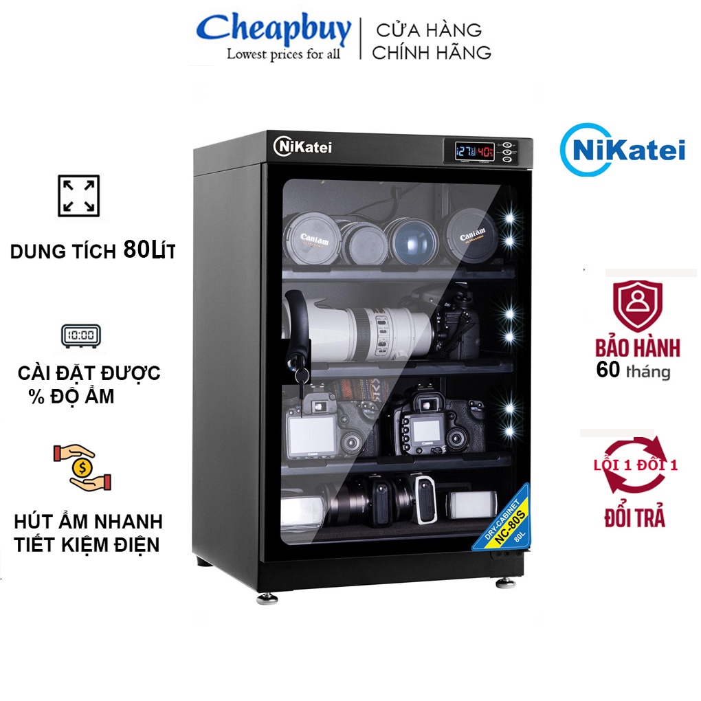 Tủ chống ẩm máy ảnh 80 Lít nhập khẩu Nikatei NC-80S,CN Nhật Bản,điều chỉnh được % độ ẩm, bảo hành 5 năm
