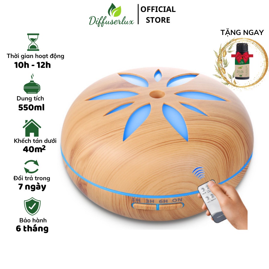 Máy xông tinh dầu hình cánh hoa 550ml khuếch tán phun sông tinh dầu kèm điều khiển - DIFFUSER LUX