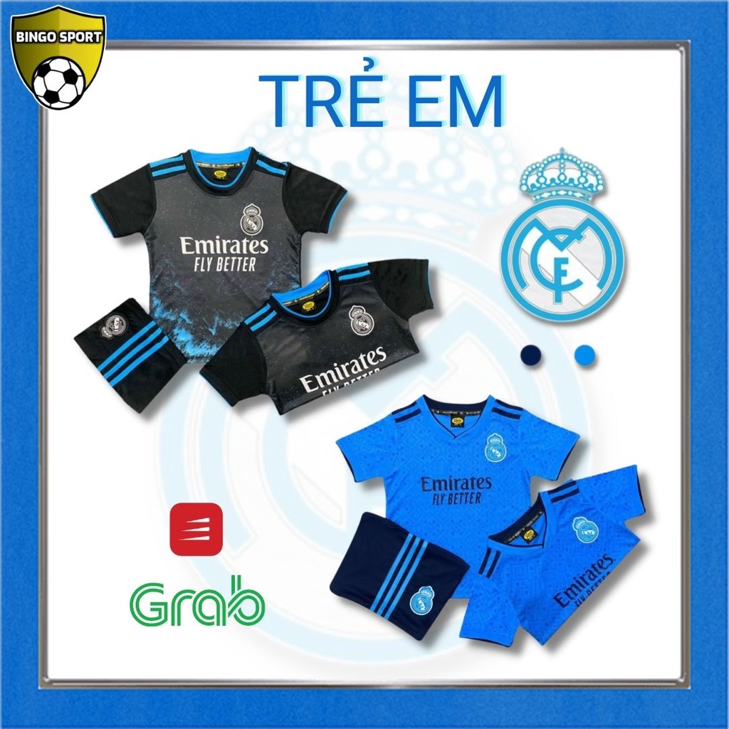 Quần Áo Bóng Đá TRẺ EM REAL MADRID Màu Đen & Xanh Biển Vải Thun Lạnh Giá Rẻ Mẫu Mới Bền Đẹp Cao Cấp BINGO SPORT
