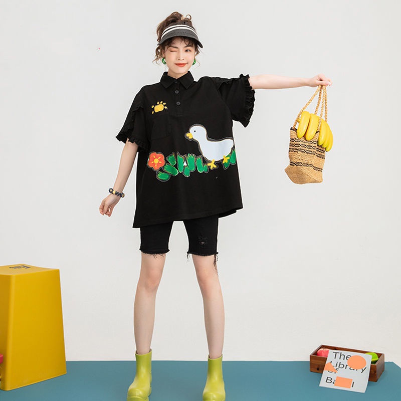 Áo polo Màu Đen Tay Ngắn Ống Loe Bằng cotton In Họa Tiết Hoạt Hình