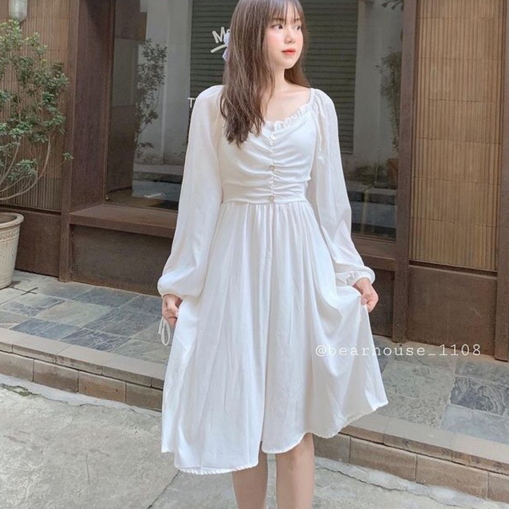 váy babydoll dáng dài trắng tay bồng 3 khuy ngực, đầm nữ dự tiệc dáng xòe | WebRaoVat - webraovat.net.vn
