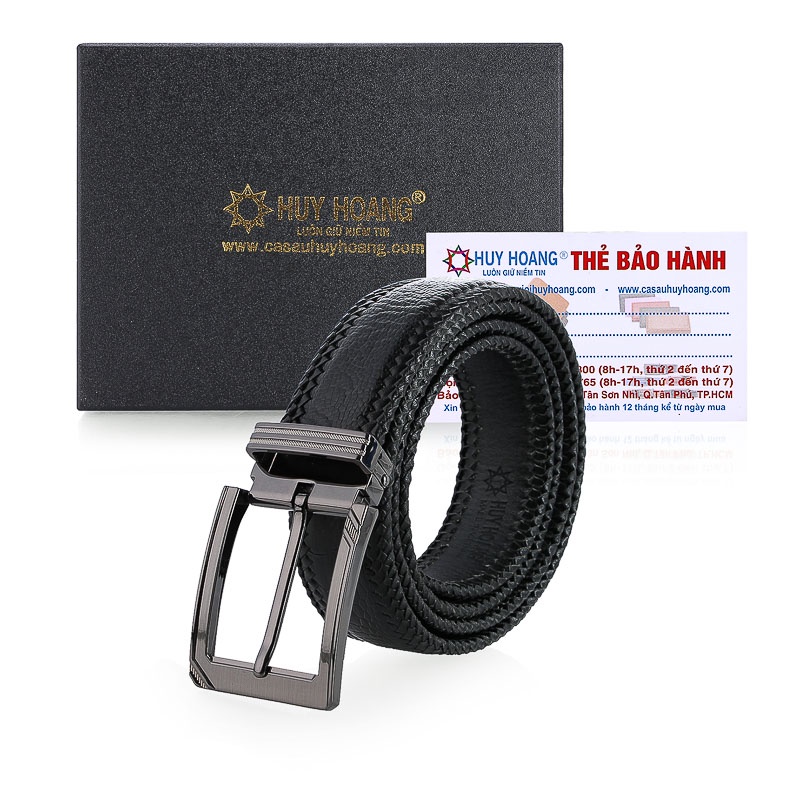 Dây nịt nam da đà điểu Huy Hoàng đan viền 3,5P đầu kim màu đen HP4457