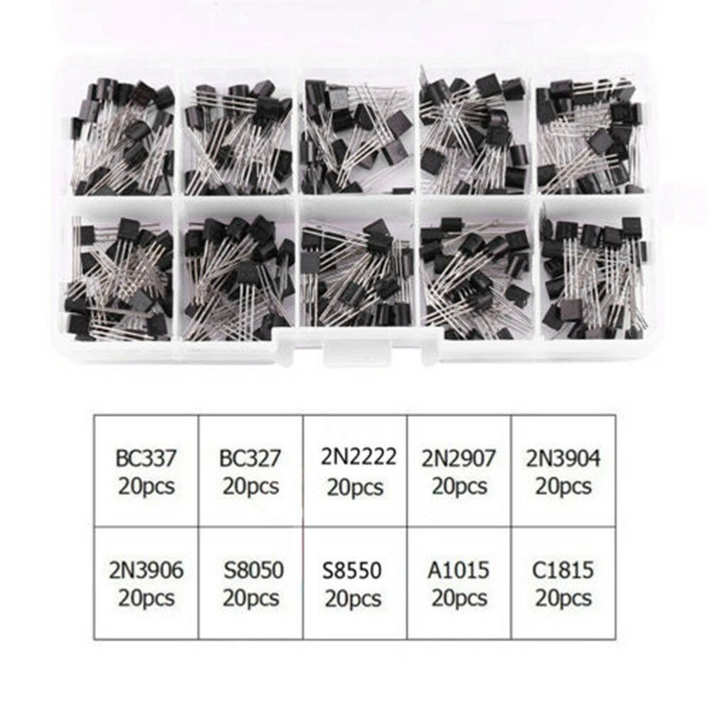 200Pcs 10Values TO-92 NPN PNP Transistor Assortment Kit BC337 BC327 2N2222 2N2907 2N3904 2N3906 S8050 S8550 A1015 C1815