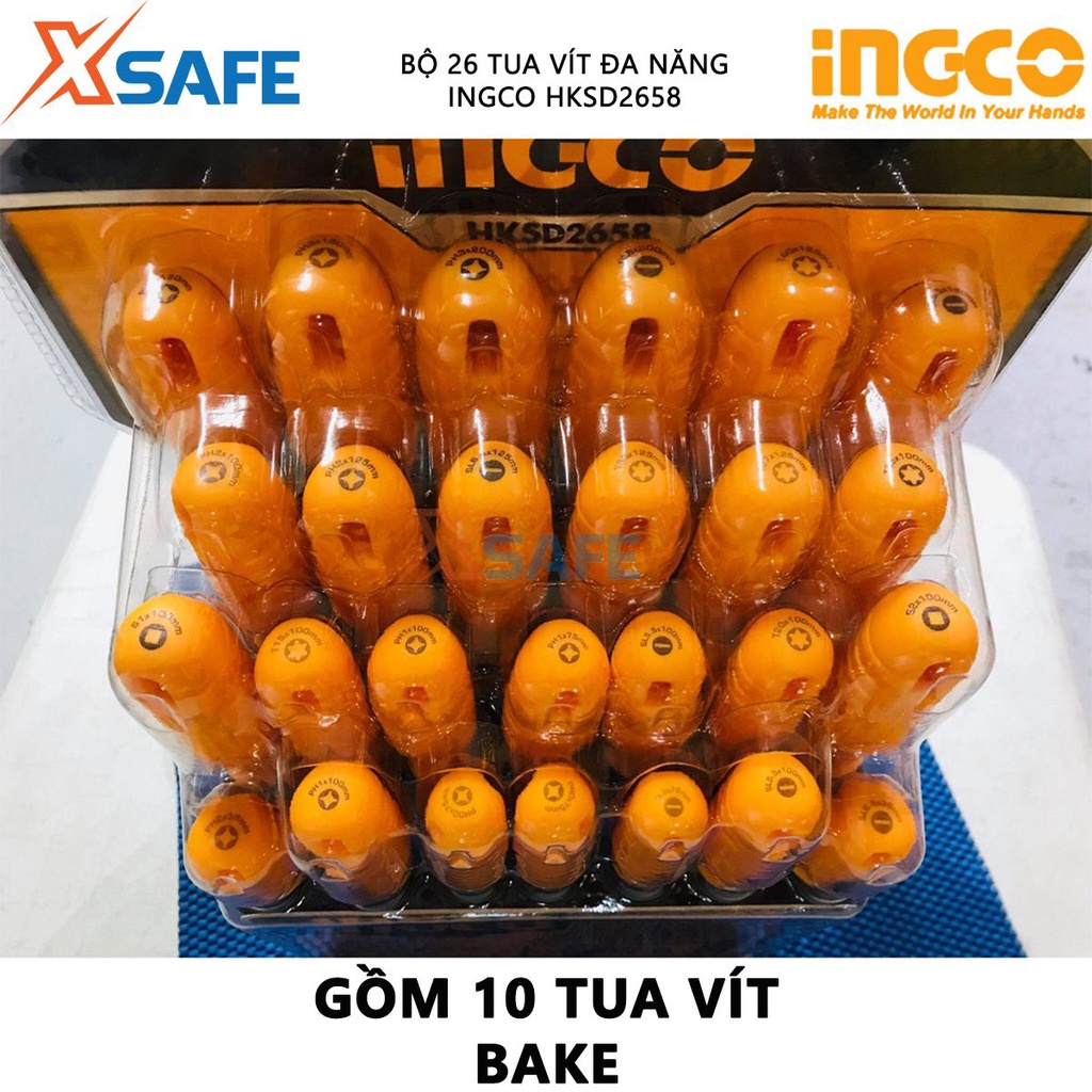 Bộ tuốc nơ vít đa năng INGCO HKSD2658 26 chi tiết Bộ 26 tua vít kiểu dáng tay cầm mới, thoải mái sử dụng - [XSAFE]