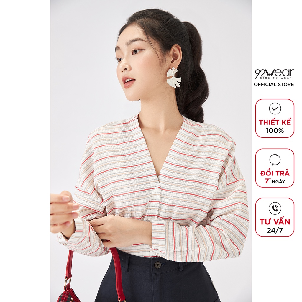 Áo sơ mi nữ form rộng 92WEAR Thô kẻ sọc dài tay thiết kế vintage cao cấp đẹp công sở hàn quốc cổ V ASW1166