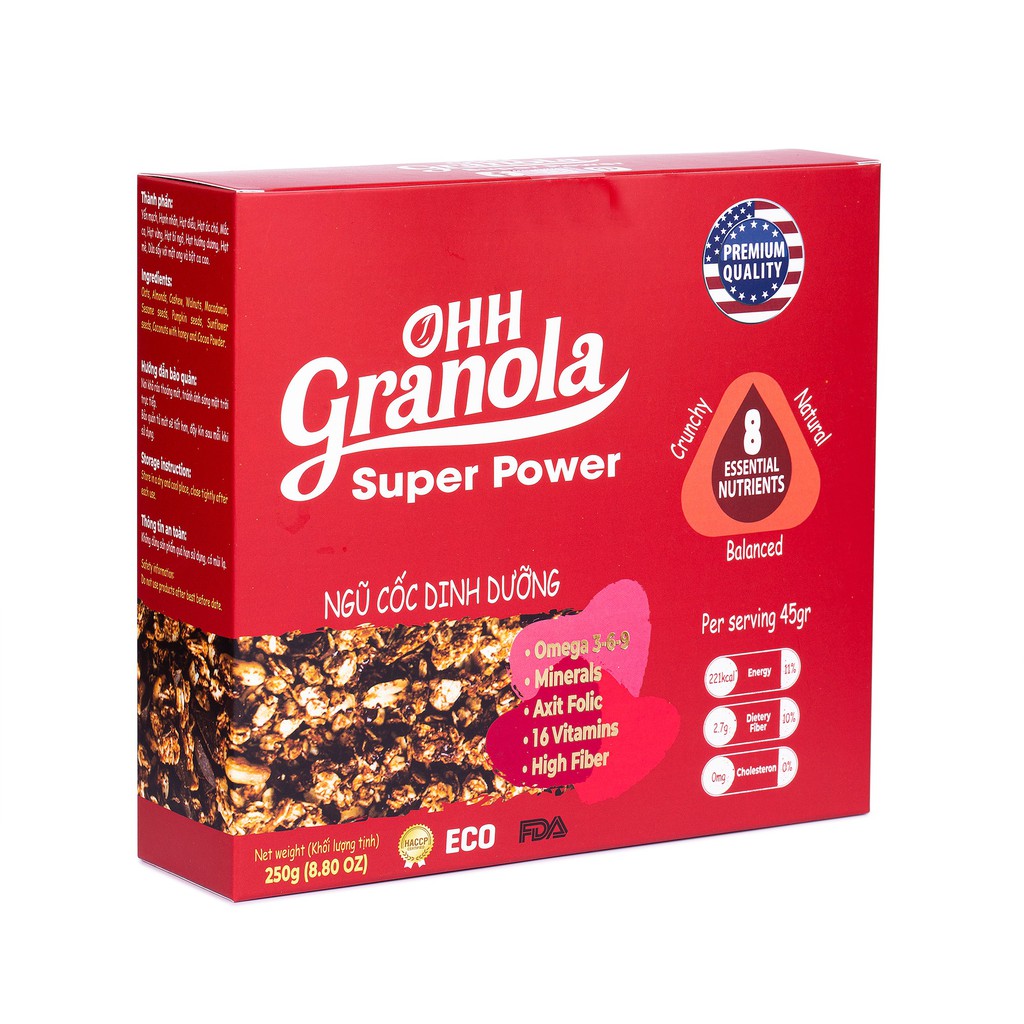 Ngũ Cốc Granola Dinh Dưỡng Dòng Super Power (Ohh Granola) 250g - Yến mạch, chocolate ăn sáng giúp tăng cân