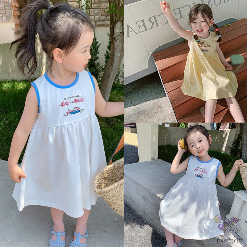 Đầm sát nách in họa tiết hoạt hình phong cách Hàn Quốc thời trang cho bé gái