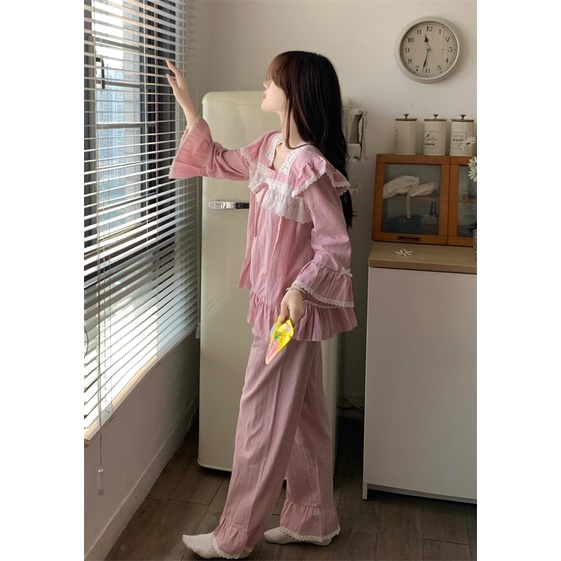 New SET BỘ MẶC NHÀ TIỂU THƯ DÀI TAY HỒNG PHỐI REN TRẮNG rẻ nhất shopee