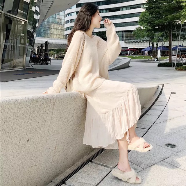 Set Áo Len + Váy hai dây lệch vai nhẹ nhành tiểu thư Style Hàn Ulzzang (Ảnh thật cuối)