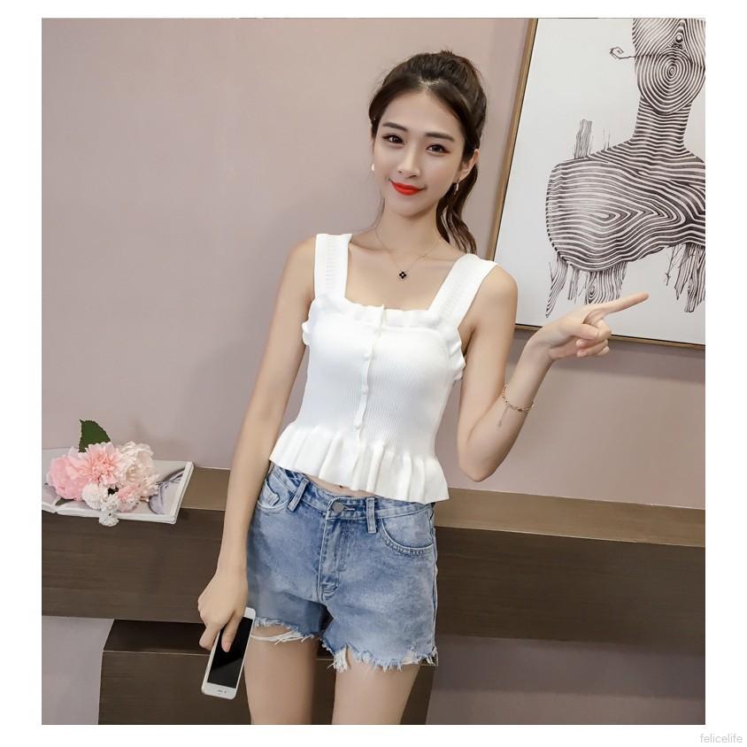 Áo dệt kim sát nách phối nhún bèo thiết kế màu trơn thời trang cho nữ
