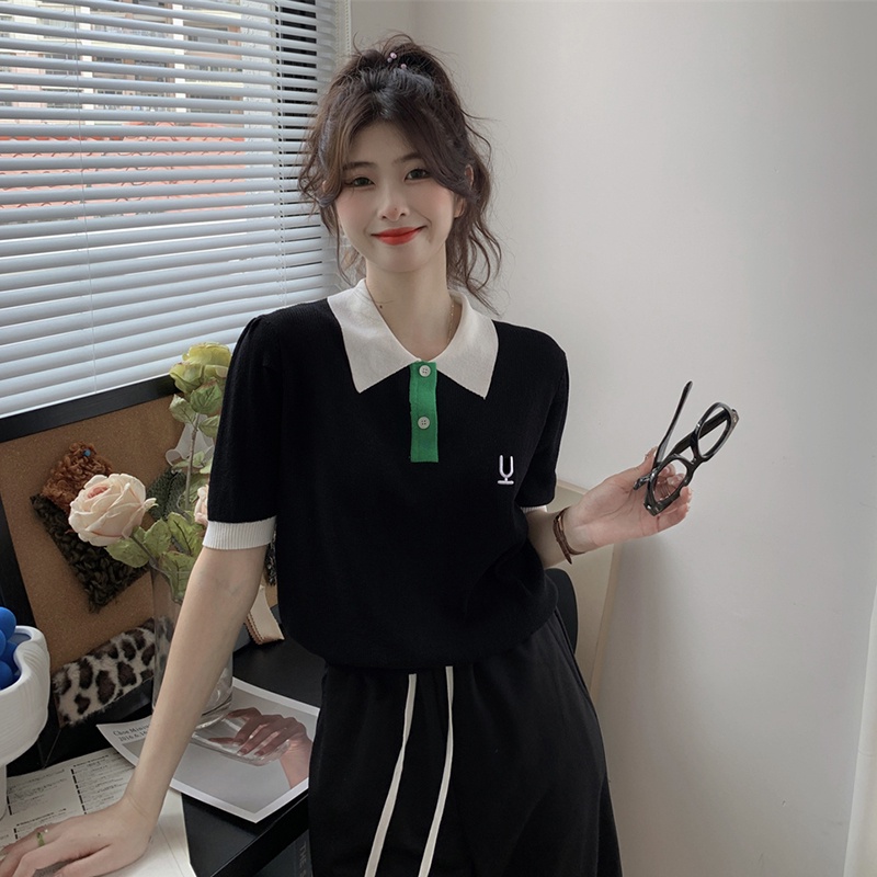 Áo thun polo ZHELIHANGFEI dệt kim ngắn tay dáng rộng thêu họa tiết dễ thương thời trang