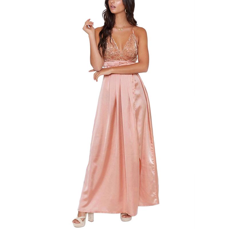 Đầm Maxi Không Tay Cổ Chữ V Khoét Sâu Thiết Kế Hở Lưng Lấp Lánh Quyến Rũ Thời Trang Cho Nữ Se