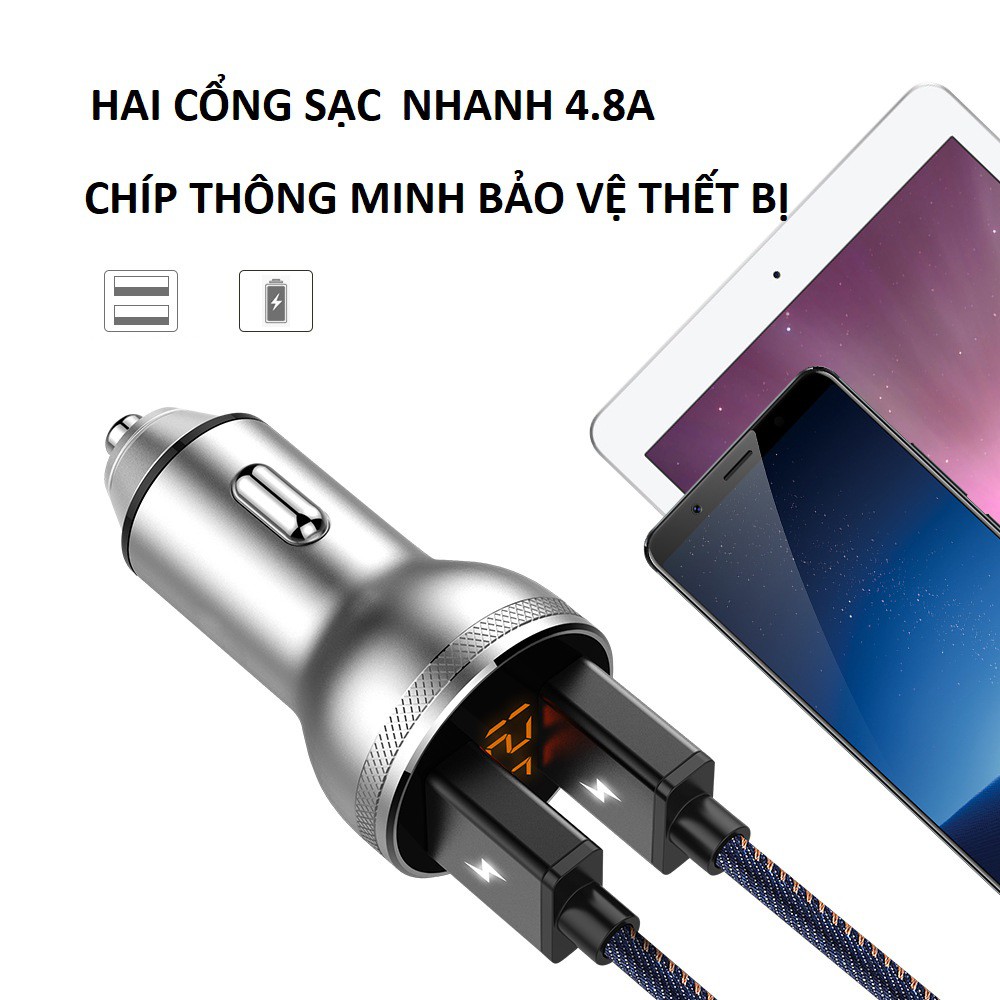 Tẩu sạc TCL vỏ nhôm nguyên khối hiển thị điện áp xe, hiển thị dòng sạc, hai cổng sạc nhanh 4.8A max mầu đen