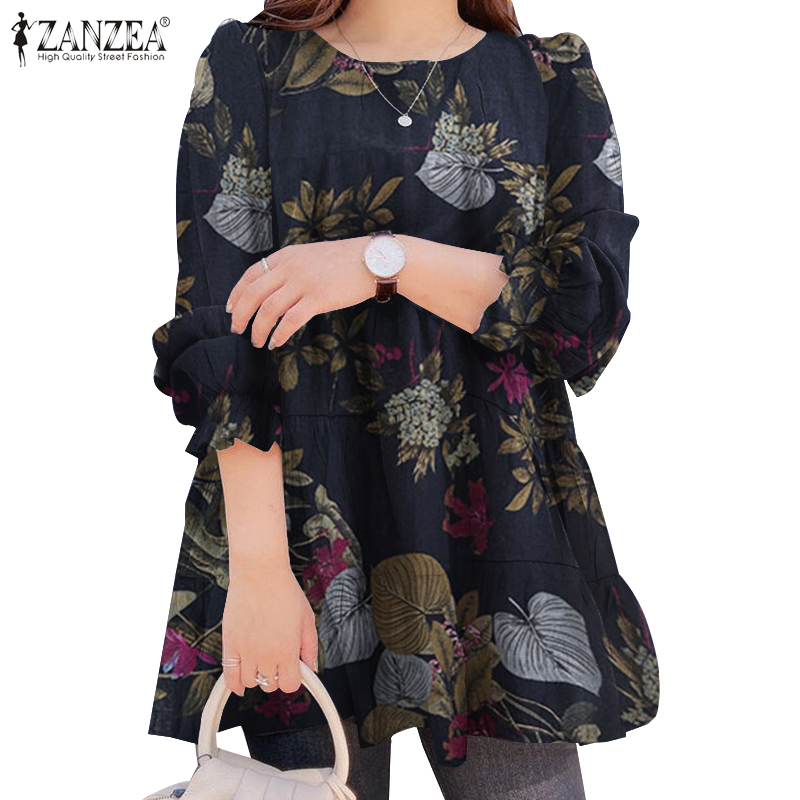 Áo kiểu ZANZEA tay dài phồng cổ tròn in họa tiết hoa thời trang dành cho nữ