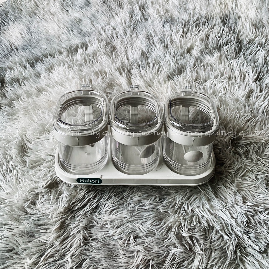 Set 3 hộp đựng gia vị trong suốt có thìa hokori, hũ đựng gia vị