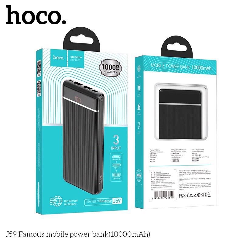 Sạc dự phòng 10000mah hoco j59 2 cổng USB màn hình led hiển thị pin