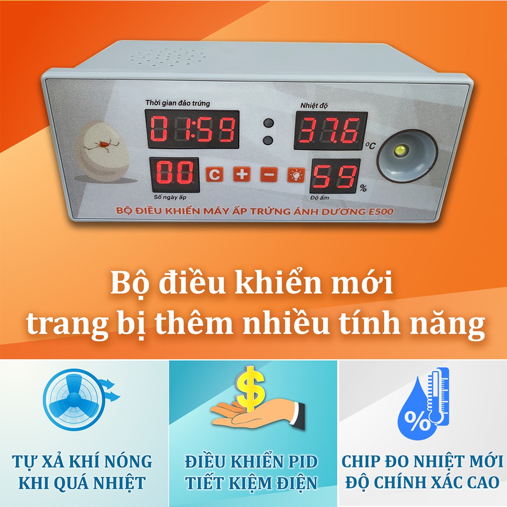 Máy Ấp Trứng Ánh Dương E100 - Tủ Tôn 3 Lớp - 2 Khay Nhựa Đảo Lăn Đa Năng - Phiên Bản Cao Cấp