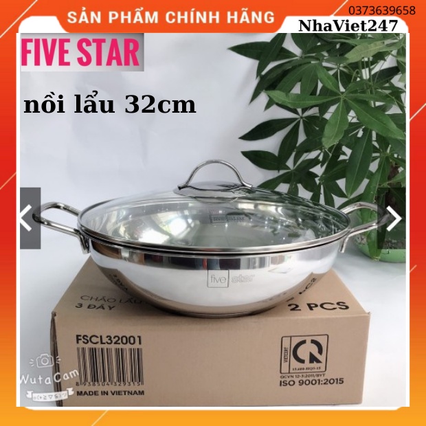 Nồi inox nấu Lẩu,Xào,rán 32 cm-3 Đáy-lắp kính- Fivestar, Inox 430-Đun bếp từ dày đẹp,sáng bóng,chín hãng,giá rẻ-BH 5n