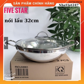 Nồi nấu Lẩu Fivestar 32 cm-3 Đáy-lắp kính-Chảo inox sâu lòng,đáy từ,dày đẹp,sáng bóng,giá rẻ-BH 5n