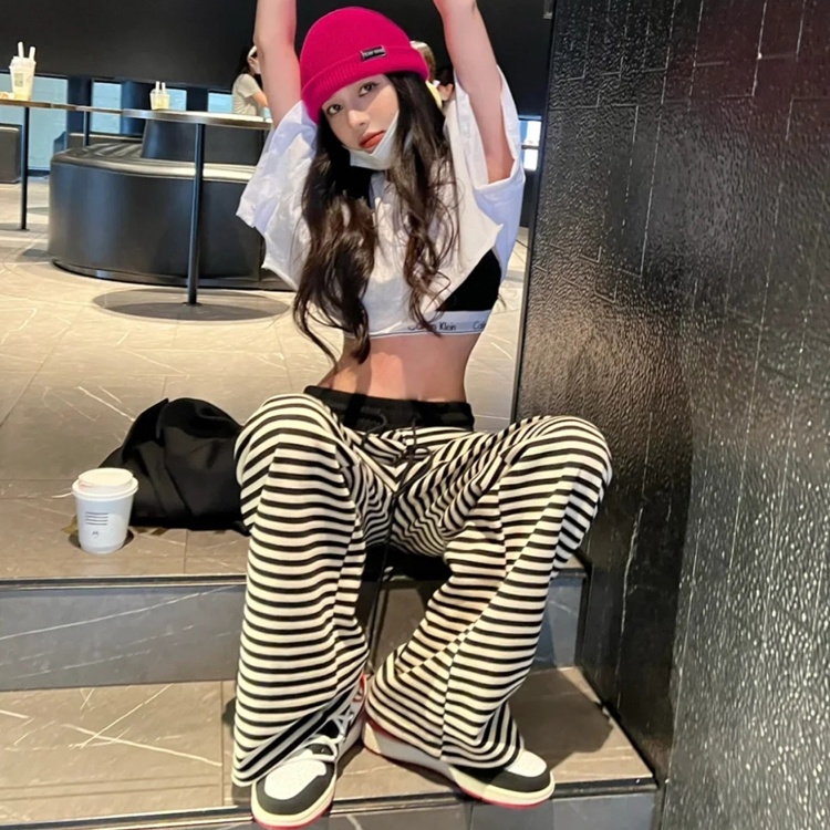 IELGY  Quần Dài Lưng Cao Dáng Rộng Họa Tiết Kẻ Sọc Trắng Đen Thời Trang Cho Nữ